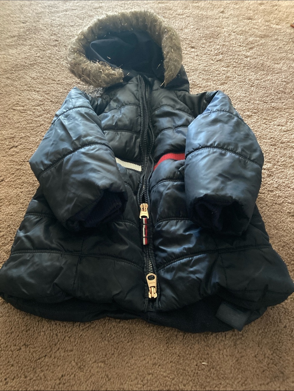 Tommy Hilfiger Navy Puffer Jacket with Faux Fur Hood size 18 months